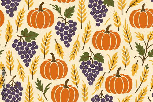 Seamless autumn harvest pattern with pumpkins, grapes, and wheat