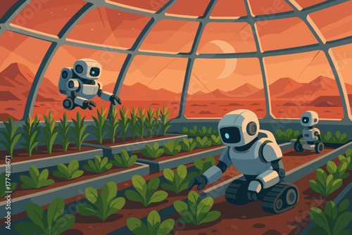 Robots farming in a greenhouse on Mars