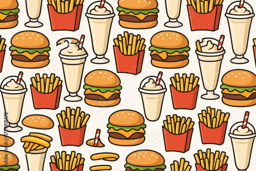 Seamless pattern of burgers, fries, and milkshakes