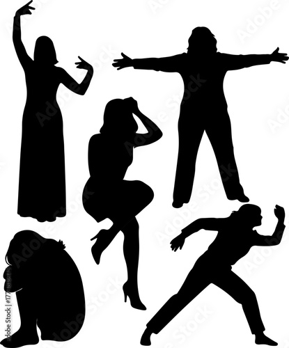 Collection of female silhouettes in diverse emotional poses. Vector set showing women happy, sad, dancing, and stressed, representing a range of human feelings and concepts.