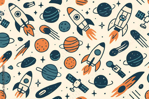 Seamless space-themed pattern with rockets, planets, and satellites