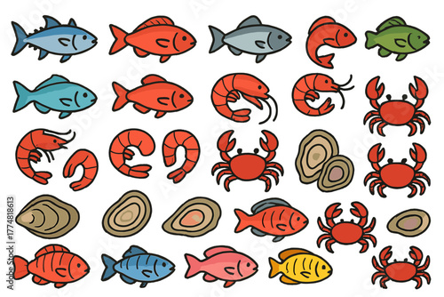 Seafood icon set featuring fish, shrimp, crabs, and oysters