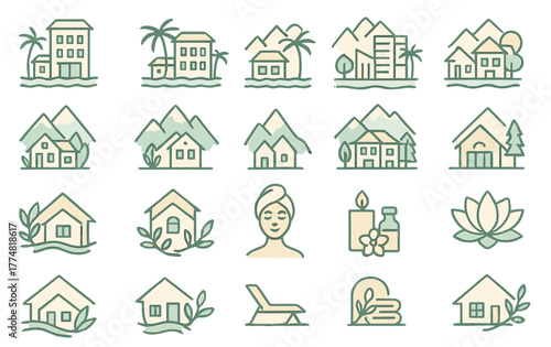 Set of wellness resort and spa retreat icons in calming tones