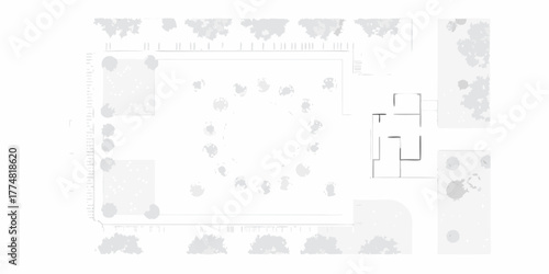 Architectural top down view of a modern house with a circular garden and trees