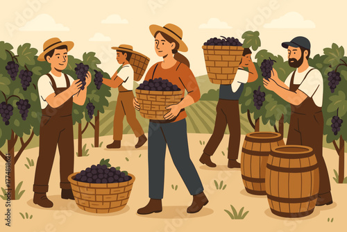 Farmers harvesting grapes in vineyard with baskets and barrels