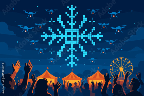 Winter drone light show over festival crowd with snowflake