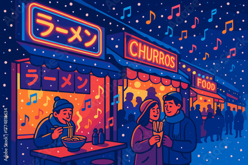 Festive winter food market with ramen and churros
