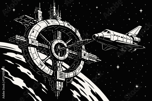 Space station and shuttle illustration in black and white