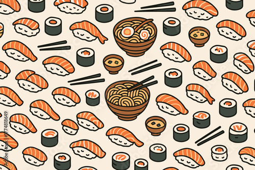 Cute sushi and ramen seamless pattern with kawaii faces