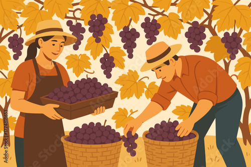 Farmers harvesting grapes in vineyard during autumn