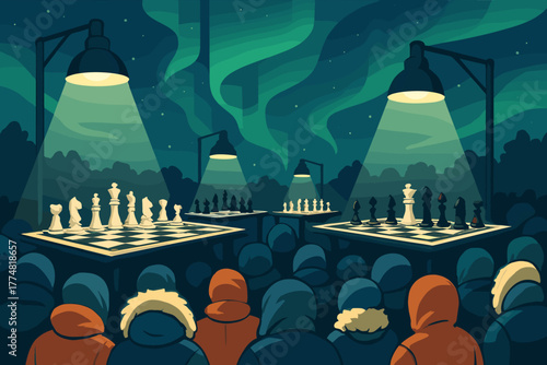 Chess battle under the northern lights with a crowd