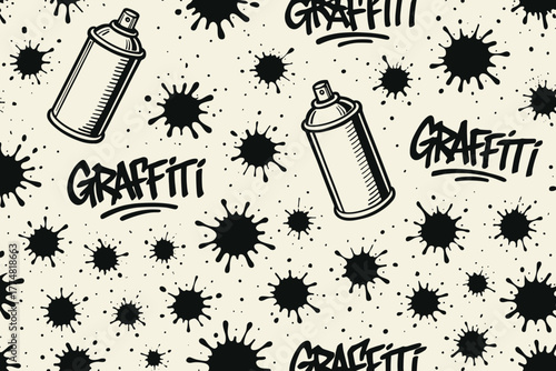 Graffiti art pattern with spray cans and paint splatters