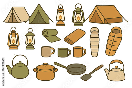 Essential camping gear collection: tents, lanterns, sleeping bags, and cookware