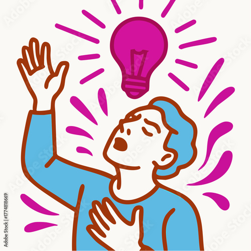 pink-bulb epiphany: surprised sitter clutching chest under radiant idea halo, colorful revelation moment