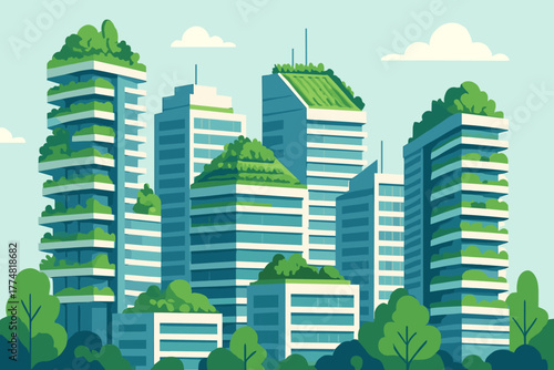 Eco-friendly city skyline with green rooftops and terraces