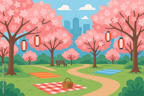 Cherry blossom picnic in a city park during spring