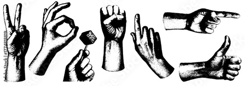 Retro xerography hands gestures set, black and white halftone engraving collection isolated on transparent background