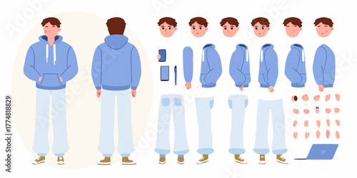 Character creation kit for a young man with a blue hoodie and light pants showing different poses and expressions