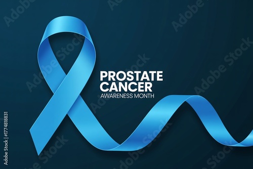 Prostate Cancer Awareness Month banner featuring a realistic blue ribbon symbol on a dark background, ideal for medical organizations, men's health promotion, and charity support campaigns