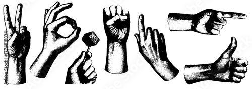 Retro xerography hands gestures set, black and white halftone engraving collection isolated on transparent background