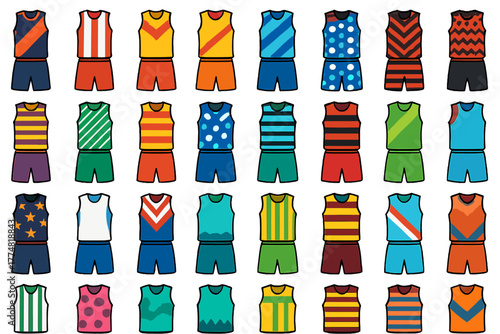 Colorful sports uniform collection: vibrant jerseys and shorts with bold patterns