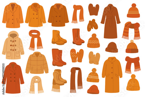 Winter clothing and accessories pattern in warm tones