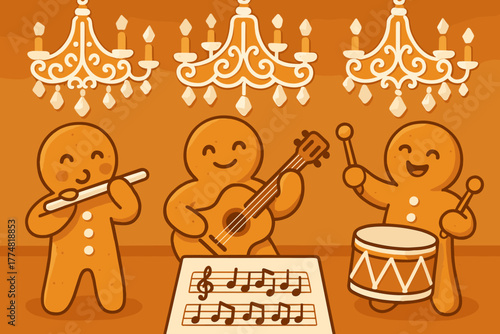 Gingerbread cookie band playing instruments under chandeliers