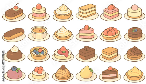 Set of cute hand-drawn cakes, tarts, and desserts