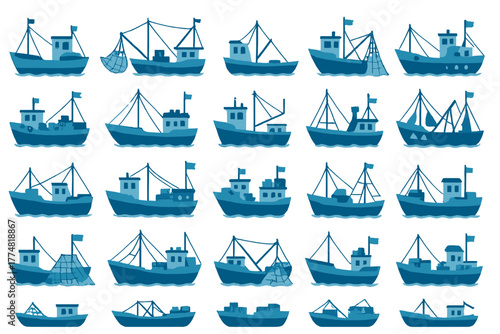 Fleet of Fishing Boats – Nautical Illustration Pattern of Trawlers and Nets