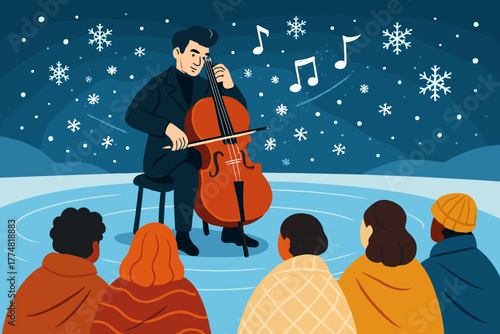 Winter cello concert outdoors with audience and snowflakes