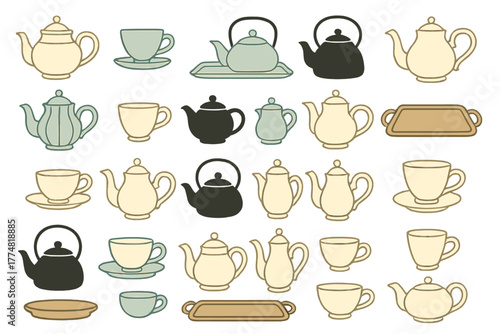Vintage tea set seamless pattern with teapots and cups