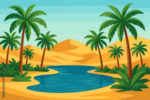 Desert oasis with palm trees and water under clear sky