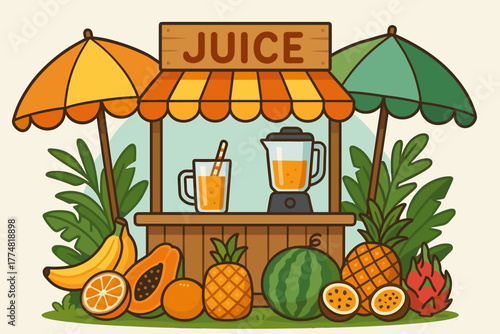 Tropical juice stand illustration with fresh fruits and blender
