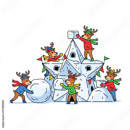 Cute reindeer friends construct snow fort star shape structure during winter holiday season