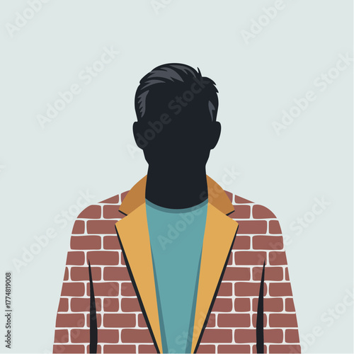 anonymized brick-jacket silhouette: teal shirt under mustard lapels, architectural wardrobe and identity motif