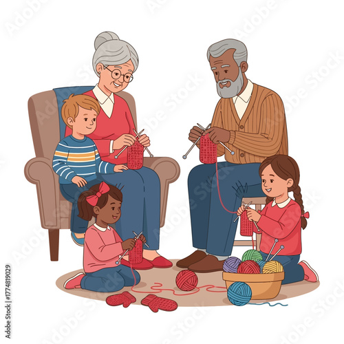 Grandparents teach grandchildren how to knit warm winter items sitting in living room