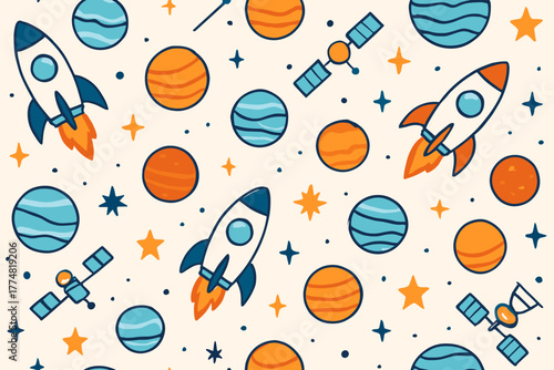 Seamless space pattern with rockets, planets, and satellites