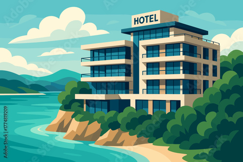 Modern seaside hotel surrounded by lush greenery