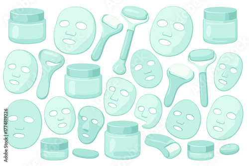 Skincare essentials: face masks, jade rollers, and cream jars pattern