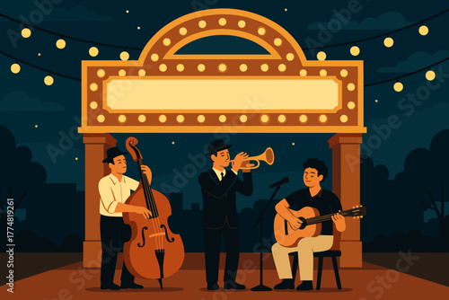 Evening jazz band performance under marquee lights