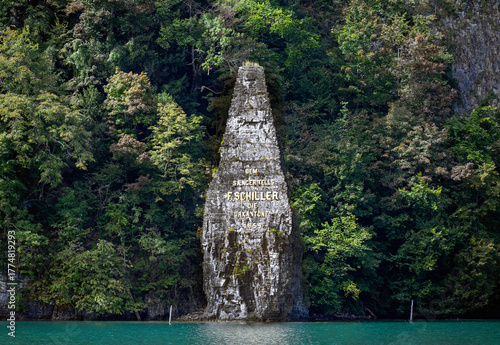 View from a boat of the Schillerstein monument in Lake Lucerne in the canton of Uri, Switzerland