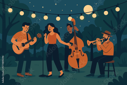 Outdoor jazz band performing at night under string lights
