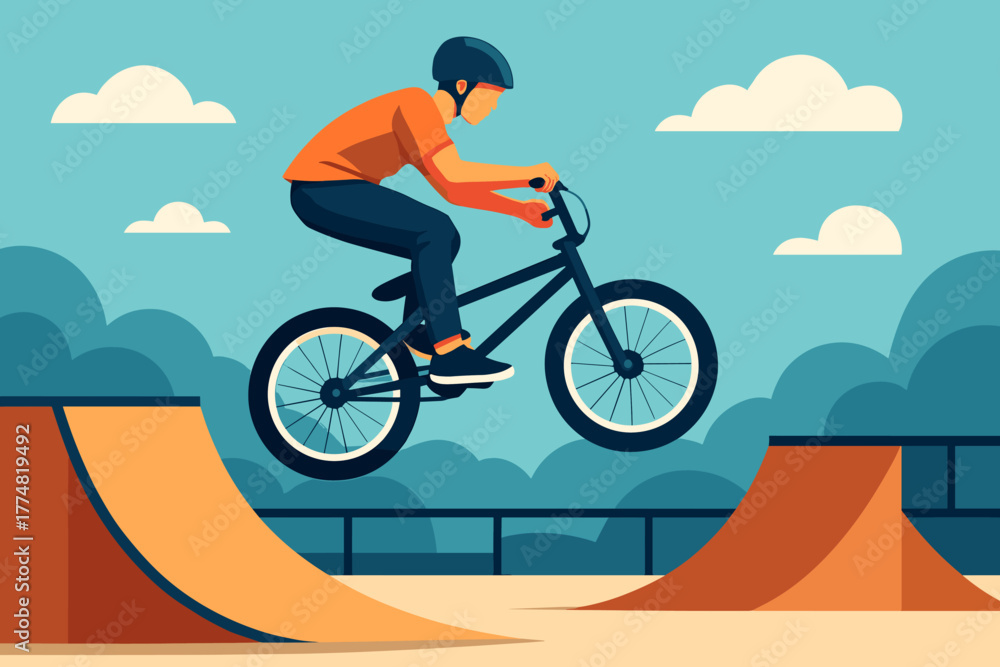 Fototapeta premium BMX rider performing jump at skatepark ramp