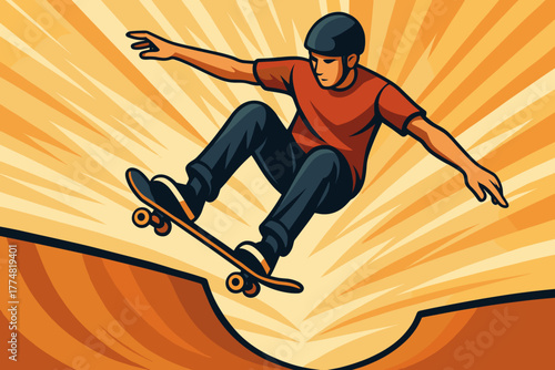 Dynamic cartoon of skateboarder performing trick on ramp