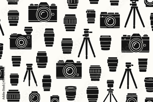 Photography gear pattern with cameras, lenses, and tripods