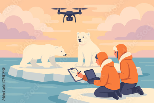 Researchers studying polar bears with drone on ice floes
