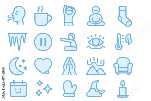 Cozy winter wellness and self-care icon set