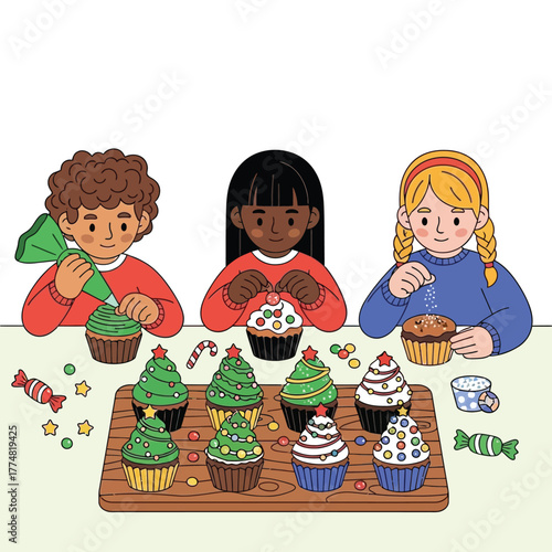 Diverse children decorating festive holiday cupcakes with frosting sprinkles desserts baking