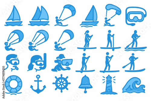 Set of glowing blue nautical and water sports icons