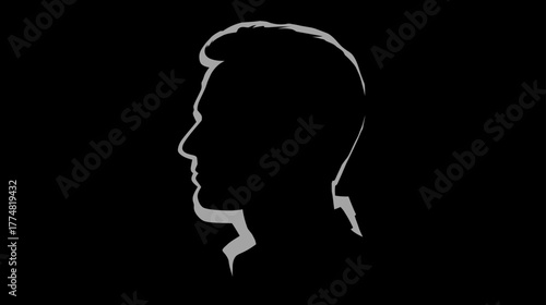 Dramatic side profile silhouette of an adult man against a solid black background, concept of anonymity, mystery, or identity.